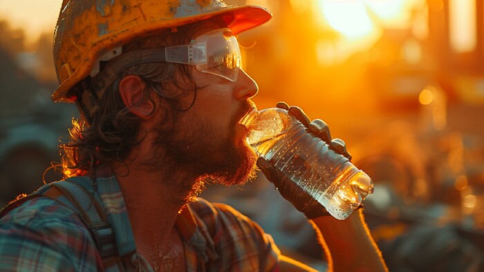 © Another vision, generated with AI, stock.adobe.com Arbeiter trinkt Wasser auf der Baustelle bei Hitze