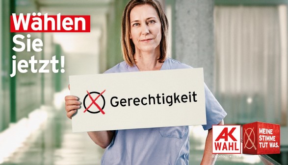 Eine Krankenschwester setzt sich für Gerechtigkeit ein. © Robert Staudinger, TBWA, Bearbeitung Andreas Kuffner Gehen Sie zur AK Wahl! © Robert Staudinger, TBWA, Bearbeitung Andreas Kuffner