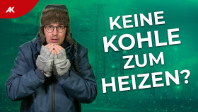 Markus friert trotz Mantel, Pelzmütze und Handschuhen, daneben steht der Schriftzug: "Keine Kohle zum Heizen?"