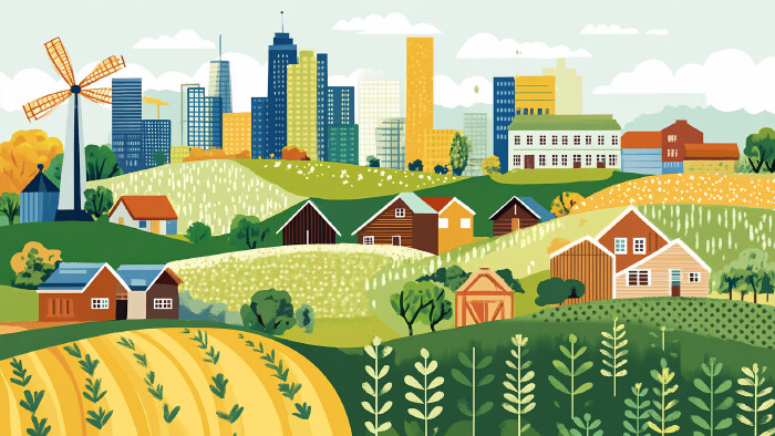 Ländliche Landschaft mit Skyline der Stadt im Hintergrund