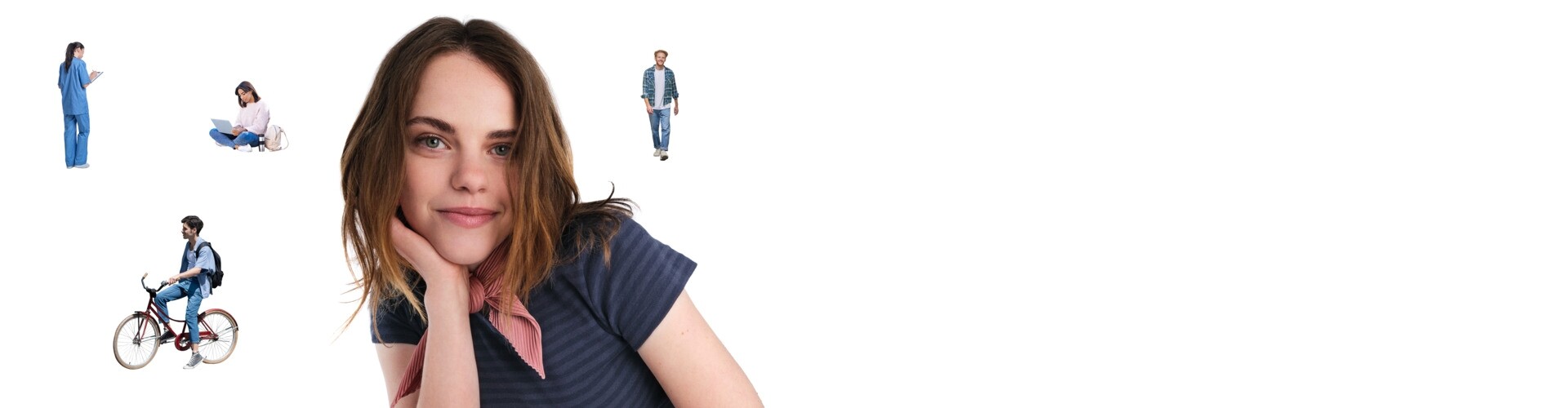 Junge Frau vor weißem Hintergrund lächelt in die Kamera. Hinter ihr klein abgebildet mehrere Personen bei der Arbeit oder in der Freizeit.