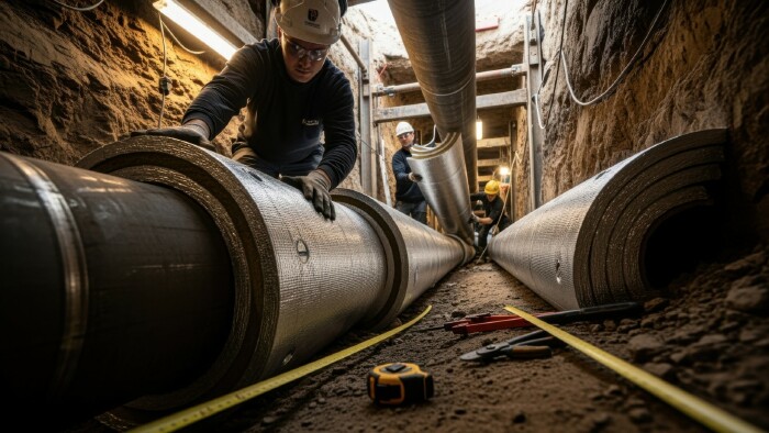 Arbeiter verlegen Fernwärme Rohre